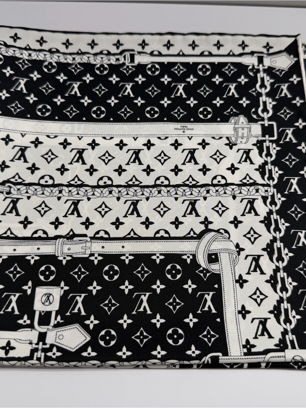 NEW- Louis Vuitton Black & White Monogram Silk Scarf Model #M77351